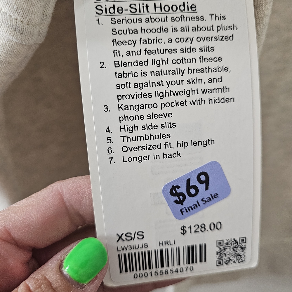lululemon athletica Side-Slit Hoodie - White tag with Lavender price sticker